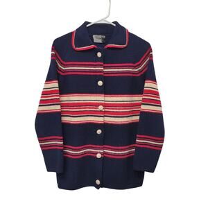 Vintage Eileen Navy Red Stripe Cardigan Sweater Acrylic Grandpa Core Preppy